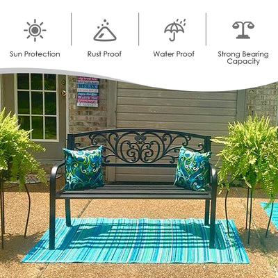 50 Inch Patio Park Steel Frame Cast Iron Backrest Bench Porch Chair