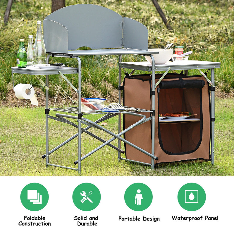 Folding BBQ Grilling Table with Windscreen & Zippered Bag & Carrying Bag