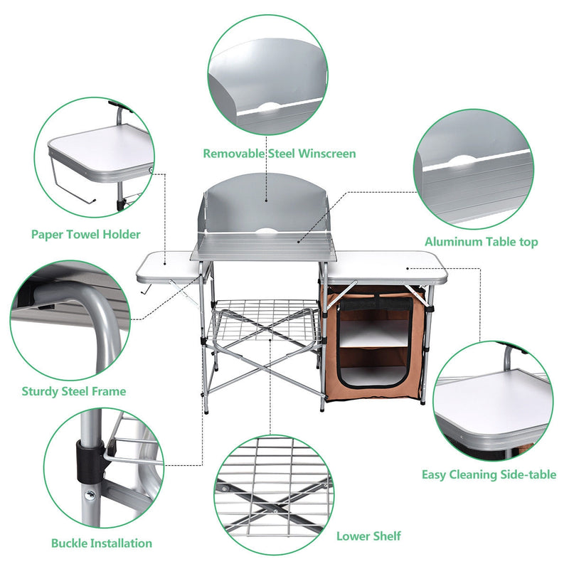 Folding BBQ Grilling Table with Windscreen & Zippered Bag & Carrying Bag