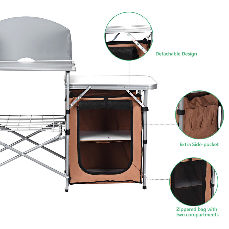 Folding BBQ Grilling Table with Windscreen & Zippered Bag & Carrying Bag