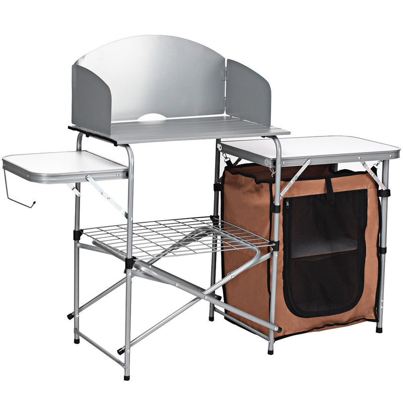 Folding BBQ Grilling Table with Windscreen & Zippered Bag & Carrying Bag