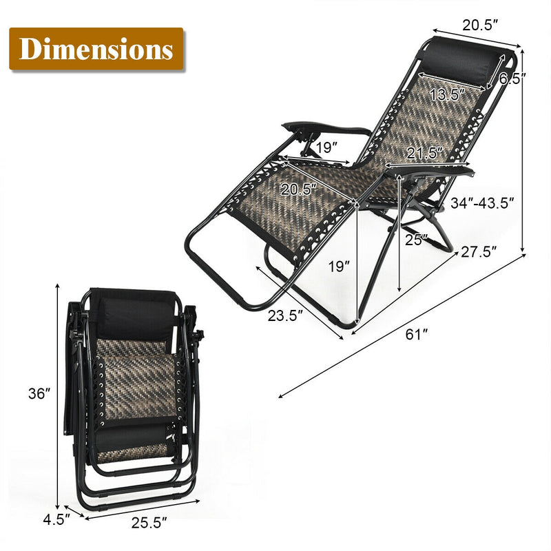 2Pcs Folding Patio Rattan Zero Gravity Lounge Chair