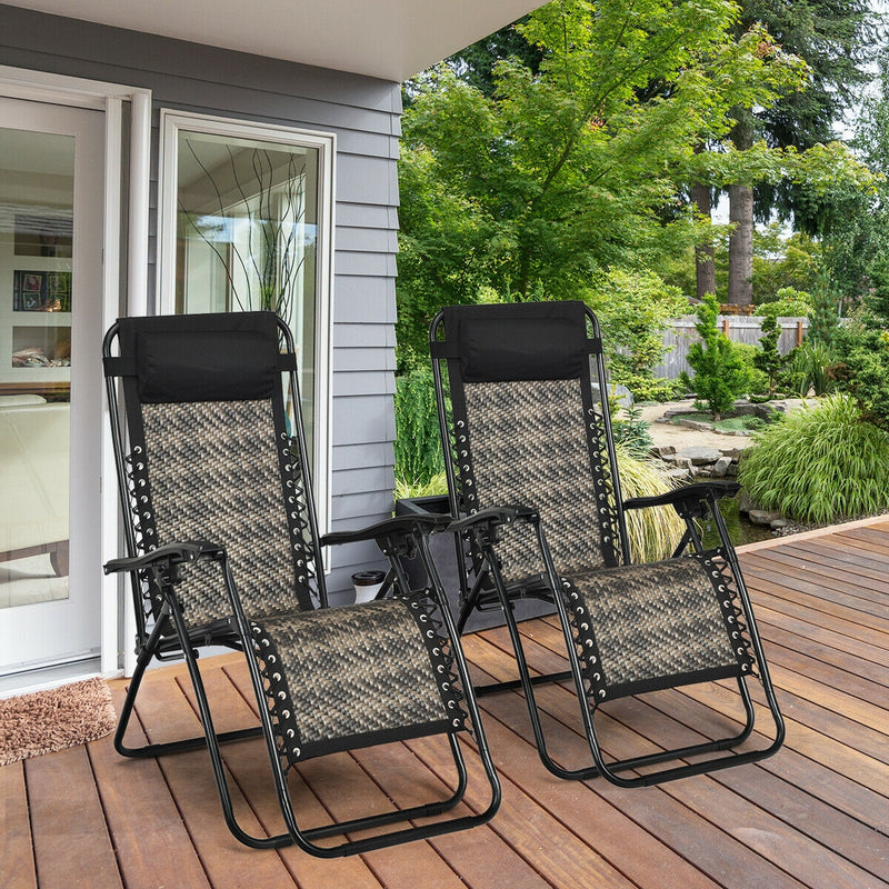 2Pcs Folding Patio Rattan Zero Gravity Lounge Chair