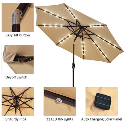 9 Ft and 32 LED Lighted Solar Patio Market Umbrella Shelter with Tilt and Crank