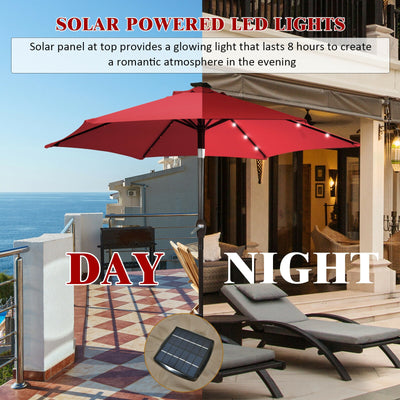 9 Feet Solar LED Lighted Patio Market Umbrella Tilt Adjustment Crank Lift