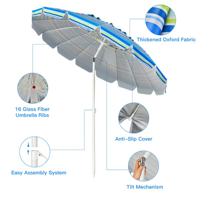 8 Feet Portable Beach Umbrella with Sand Anchor and Tilt Mechanism