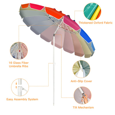 8 Feet Portable Beach Umbrella with Sand Anchor and Tilt Mechanism