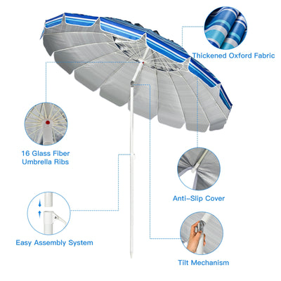 8 Feet Portable Beach Umbrella with Sand Anchor and Tilt Mechanism