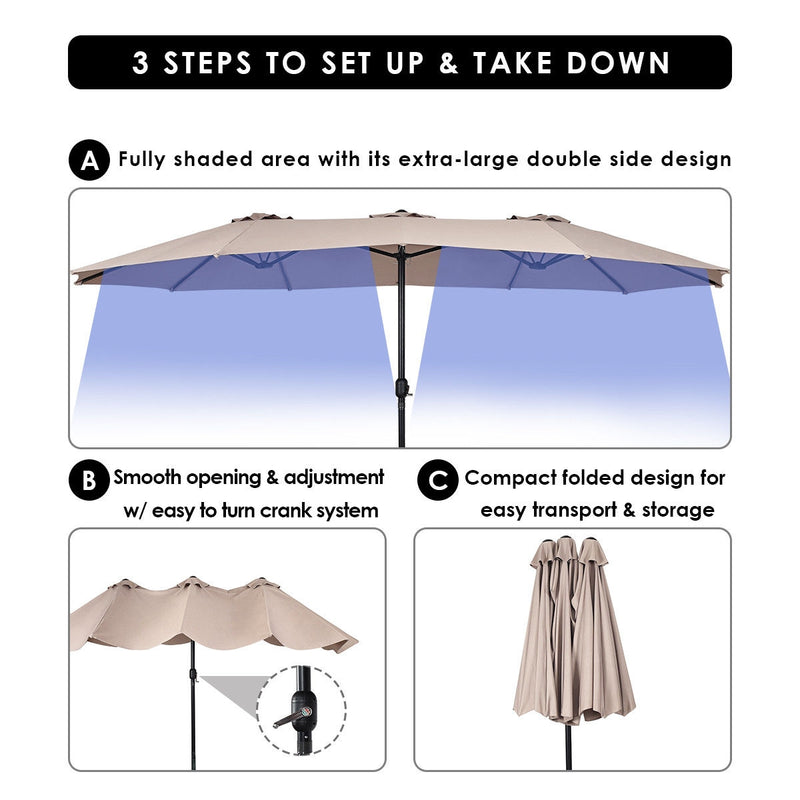 15 ft Double-Sided Outdoor Patio Umbrella with Crank without Base