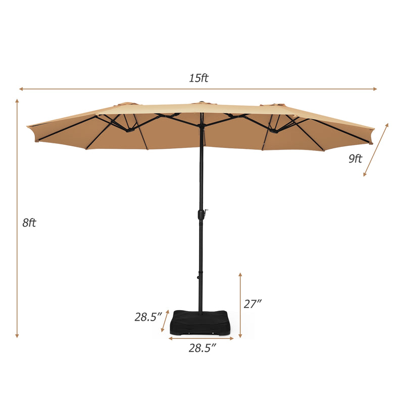 15 Foot Extra Large Patio Double Sided Umbrella with Crank and Base