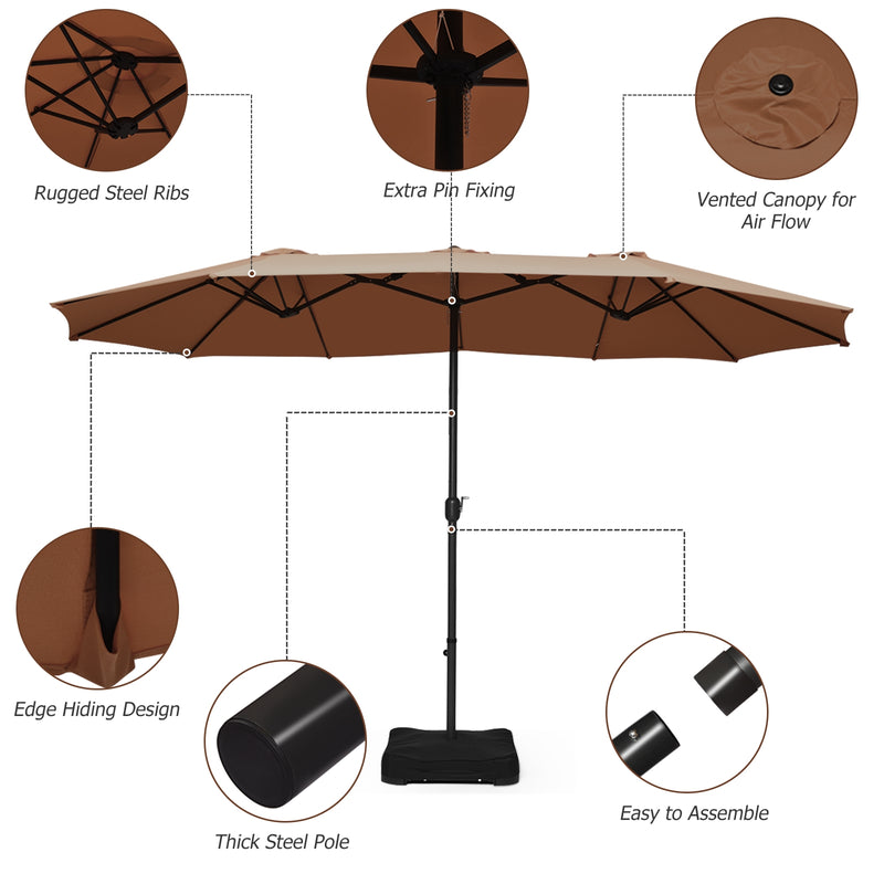 15 Foot Extra Large Patio Double Sided Umbrella with Crank and Base