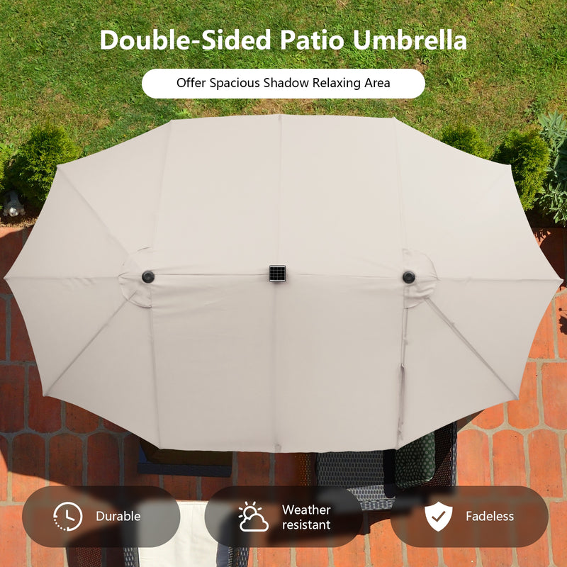 15 Feet Solar LED Patio Double-sided Umbrella with Weight Base