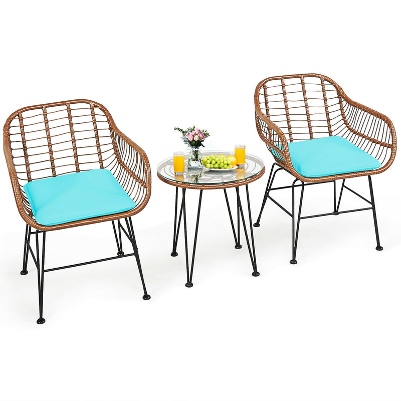 3 Pcs Patio Rattan Bistro Set with Cushion