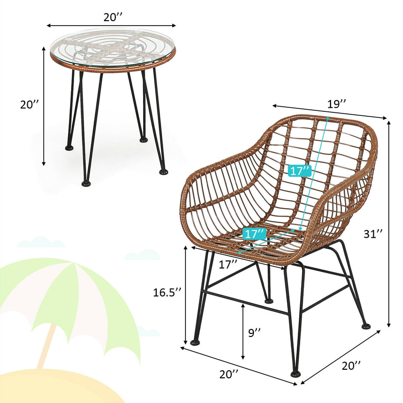 3 Pcs Patio Rattan Bistro Set with Cushion