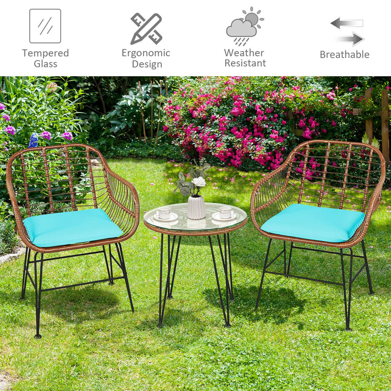 3 Pcs Patio Rattan Bistro Set with Cushion