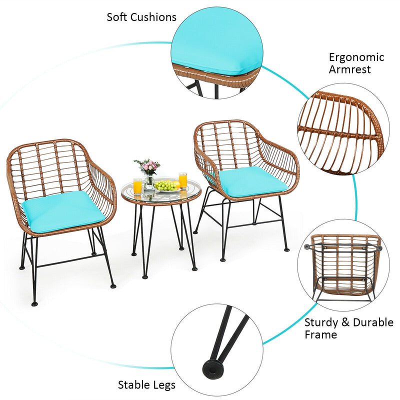 3 Pcs Patio Rattan Bistro Set with Cushion