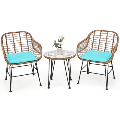 3 Pcs Patio Rattan Bistro Set with Cushion