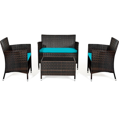 4 Pieces Patio Rattan Conversation Set with Glass Table and Cushions