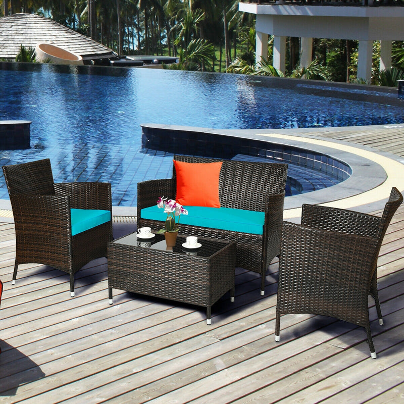 4 Pieces Comfortable Outdoor Rattan Sofa Set with Glass Coffee Table