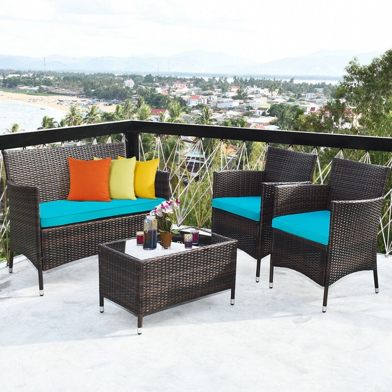 4 Pieces Patio Rattan Conversation Set with Glass Table and Cushions