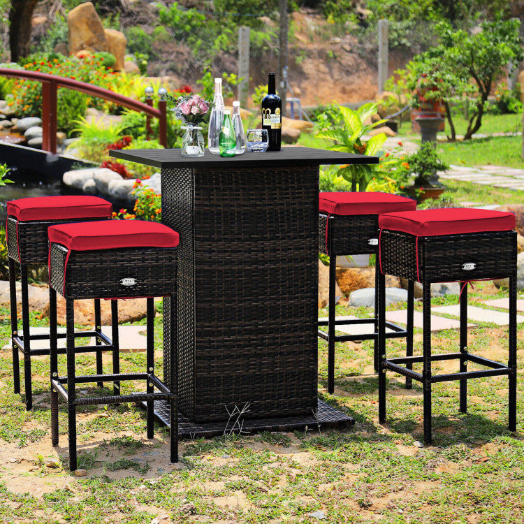 5 Pieces Patio Rattan Cushioned Bar Furniture Set with Hidden Storage Shelf