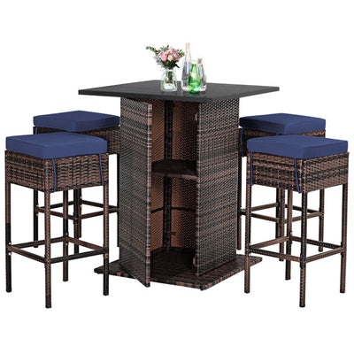 5 Pieces Patio Rattan Cushioned Bar Furniture Set with Hidden Storage Shelf