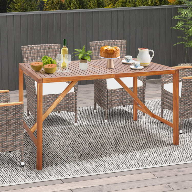 67 Inch Patio Rectangle Acacia Wood Dining Table with Umbrella Hole