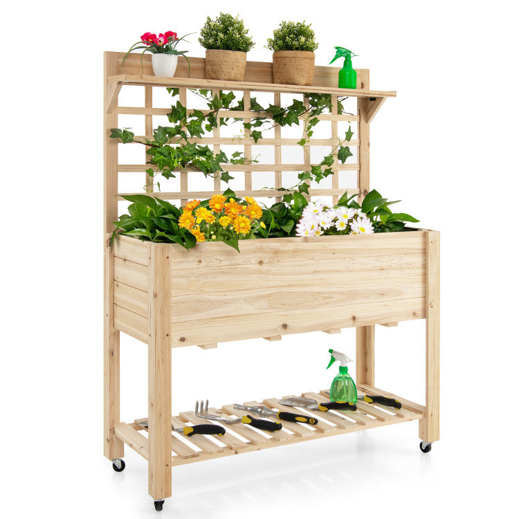 Wooden Raised Garden Bed with Wheels Trellis and Storage Shelf