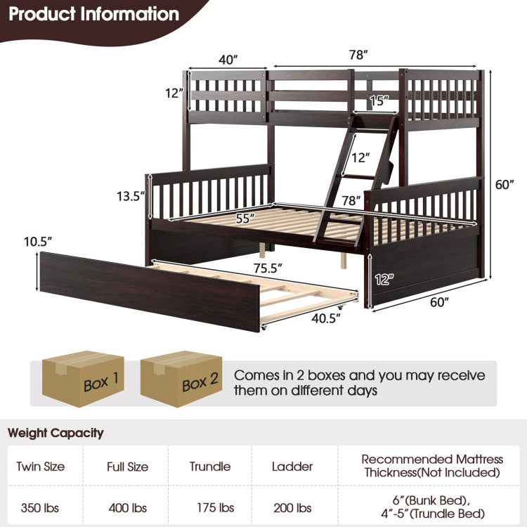 Twin Over Full Convertible Bunk Bed with Twin Trundle