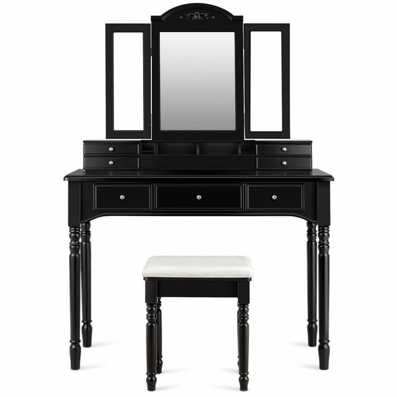 Multi-Drawer Dressing Vanity Table Set with Tri-Mirror and Padded Stool