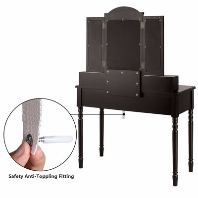 Multi-Drawer Dressing Vanity Table Set with Tri-Mirror and Padded Stool