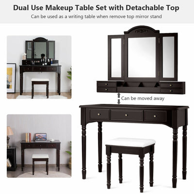 Multi-Drawer Dressing Vanity Table Set with Tri-Mirror and Padded Stool