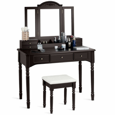 Multi-Drawer Dressing Vanity Table Set with Tri-Mirror and Padded Stool