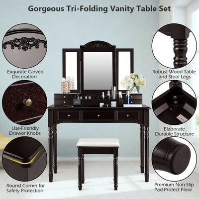 Multi-Drawer Dressing Vanity Table Set with Tri-Mirror and Padded Stool