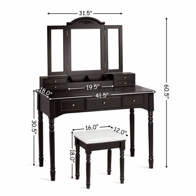 Multi-Drawer Dressing Vanity Table Set with Tri-Mirror and Padded Stool