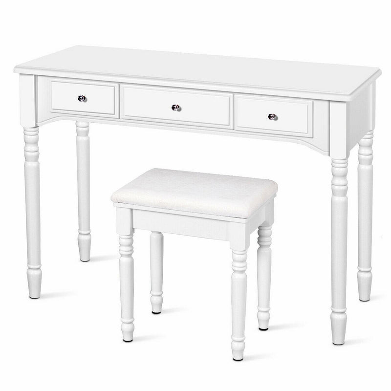 Multi-Drawer Dressing Vanity Table Set with Tri-Mirror and Padded Stool