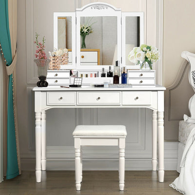 Multi-Drawer Dressing Vanity Table Set with Tri-Mirror and Padded Stool