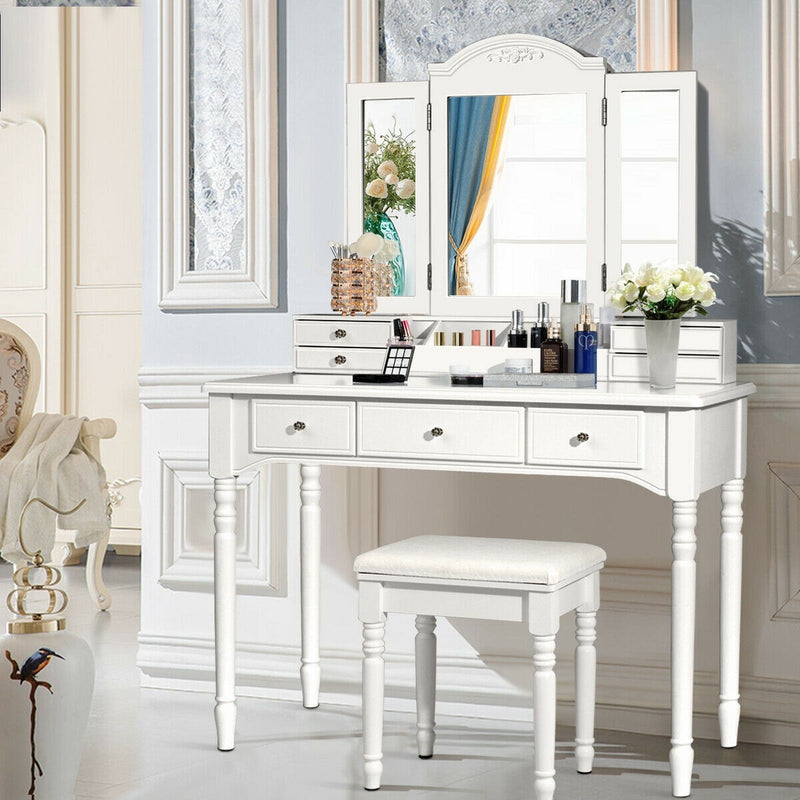 Multi-Drawer Dressing Vanity Table Set with Tri-Mirror and Padded Stool