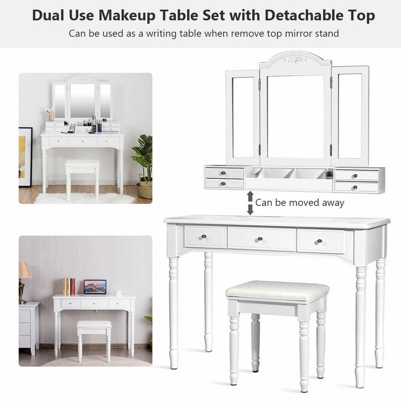 Multi-Drawer Dressing Vanity Table Set with Tri-Mirror and Padded Stool