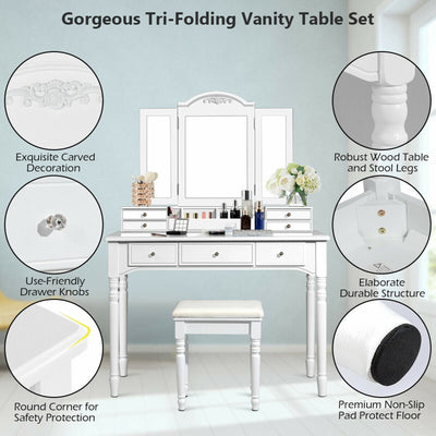 Multi-Drawer Dressing Vanity Table Set with Tri-Mirror and Padded Stool