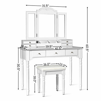 Multi-Drawer Dressing Vanity Table Set with Tri-Mirror and Padded Stool