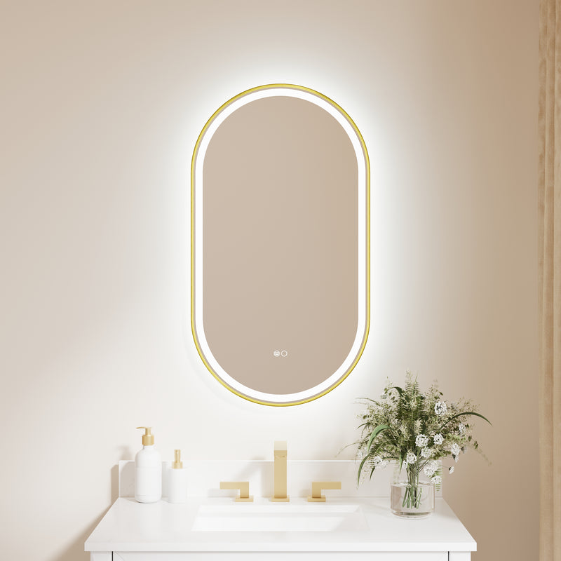 20 in. W x 36 in. H Oval Framed LED Wall-Mounted Bathroom Vanity Mirror Brushed Gold