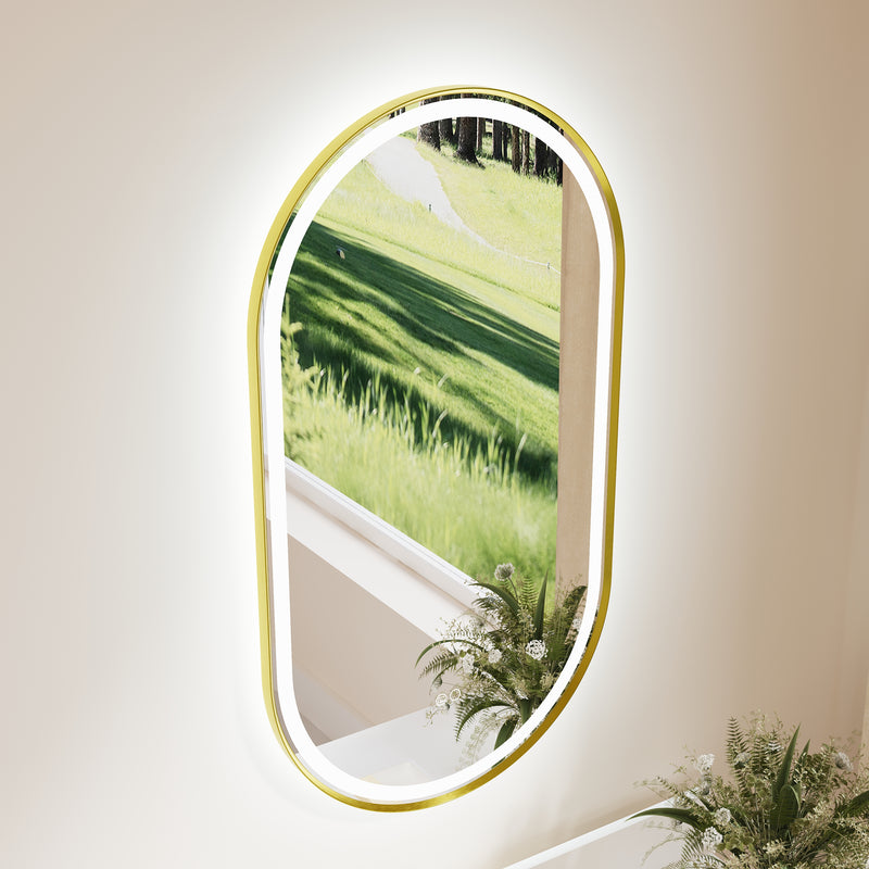 20 in. W x 36 in. H Oval Framed LED Wall-Mounted Bathroom Vanity Mirror Brushed Gold