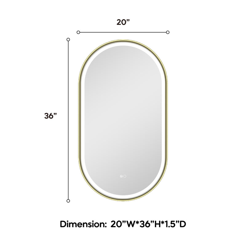 20 in. W x 36 in. H Oval Framed LED Wall-Mounted Bathroom Vanity Mirror Brushed Gold