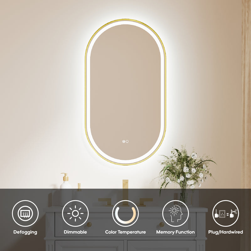 20 in. W x 36 in. H Oval Framed LED Wall-Mounted Bathroom Vanity Mirror Brushed Gold