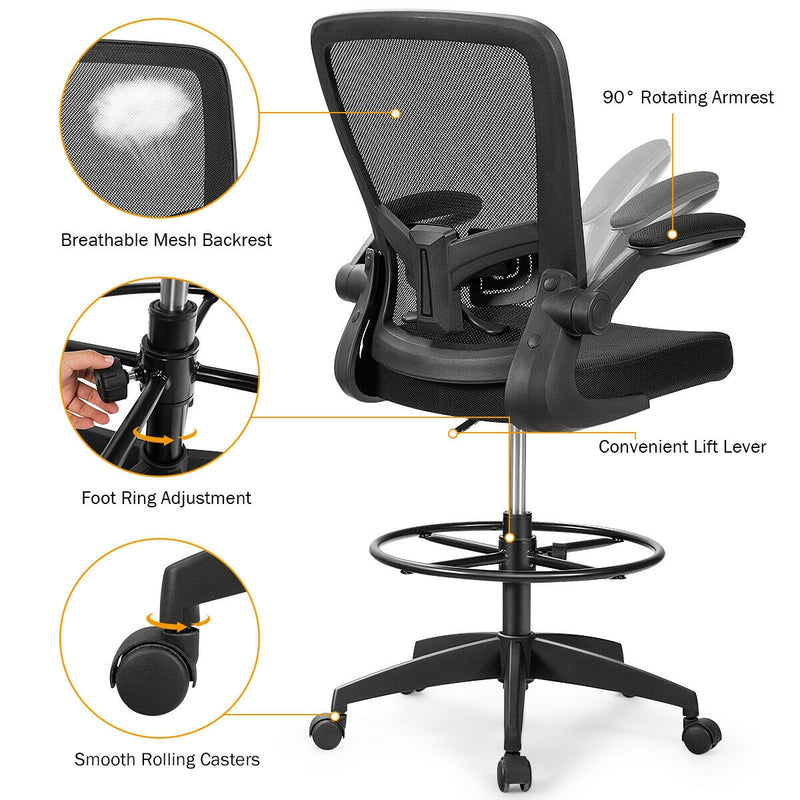 Height Adjustable Drafting Chair with Lumbar Support Flip Up Arms