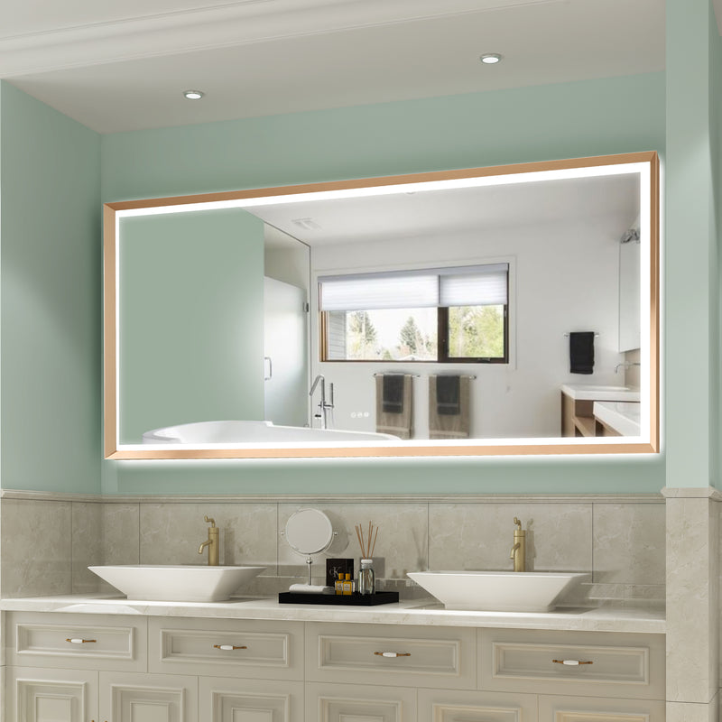 84 in. W x 40 in. H Large Rectangular Framed LED Light Anti-Fog Wall Bathroom Vanity Mirror in Brushed Gold