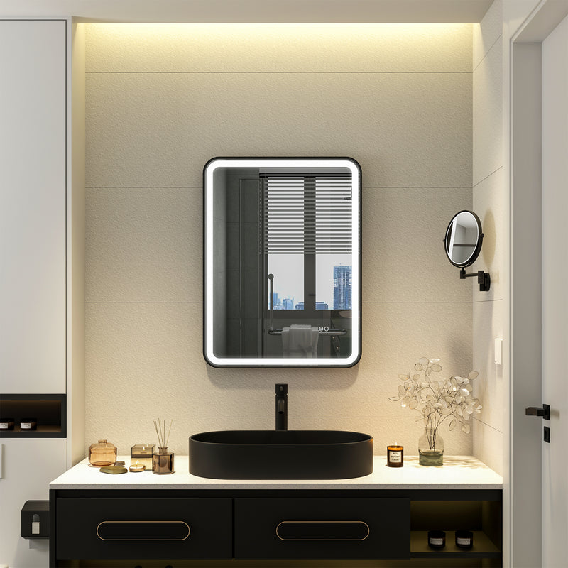 24 x 32 inch LED Bathroom Mirror, Wall Mounted Bathroom Vanity Framed Mirror with Dimmer, Anti-Fog