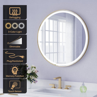 36 in.  W x 36 in.  H Brushed Gold Framed Round LED Light Bathroom Vanity Mirror