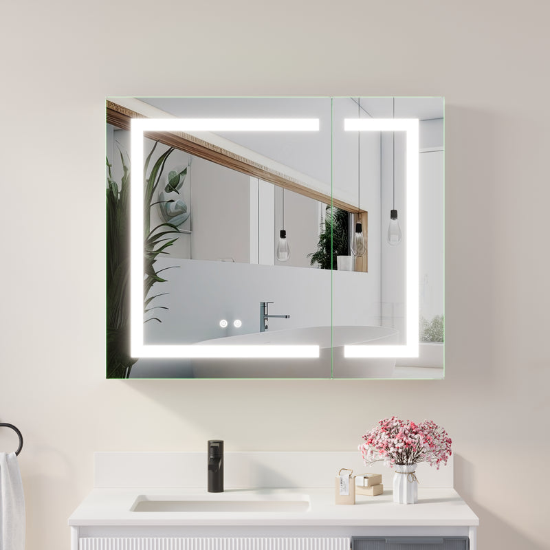 36-in x 30-in Lighted LED Surface/Recessed Mount Aluminum Mirrored Medicine Cabinet with Outlet